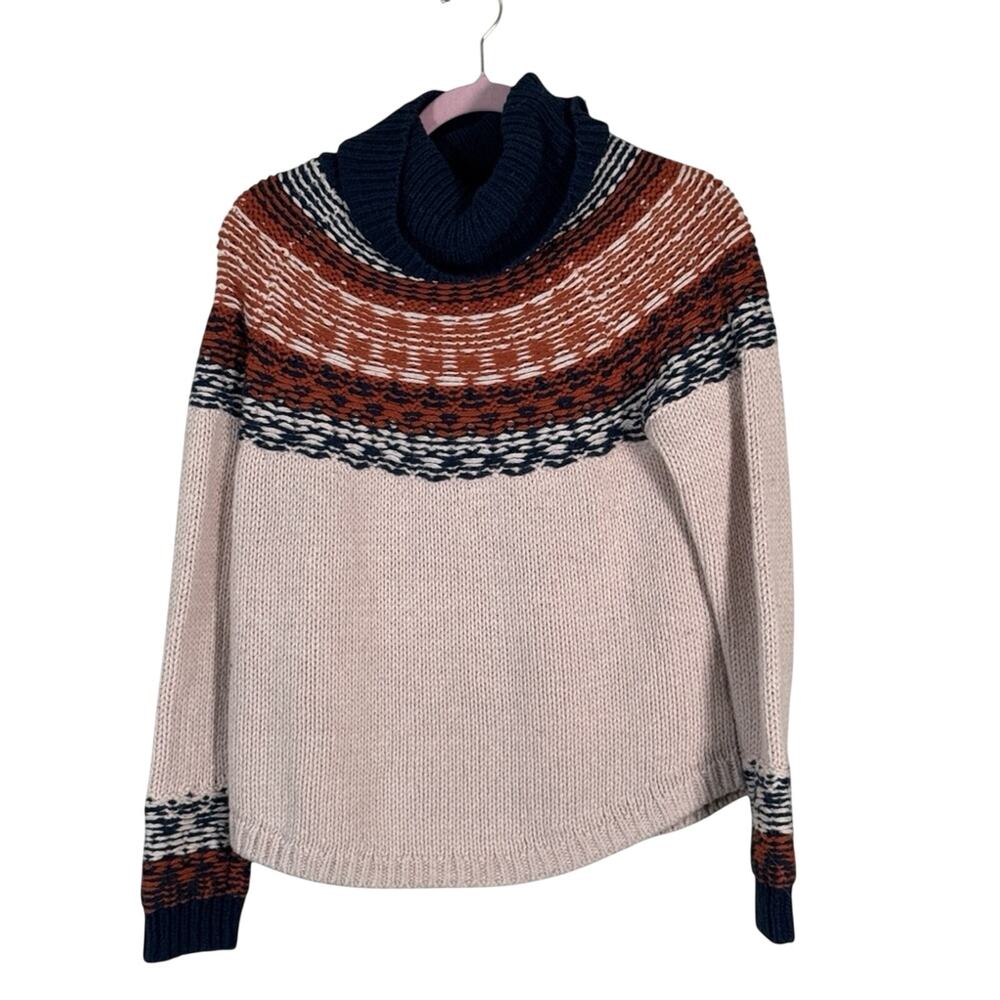 Madewell Fair Isle Tan Blue Chunky Knit Sweater Womens M Cabincore Cozycore Fall